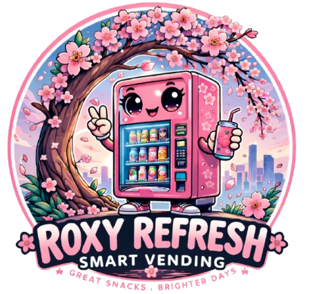 Roxy Refresh’s pink kawaii mascot surrounded by sakura blossoms